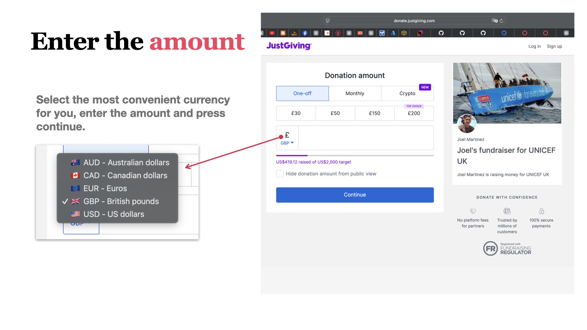 JustGiving donation amount selection