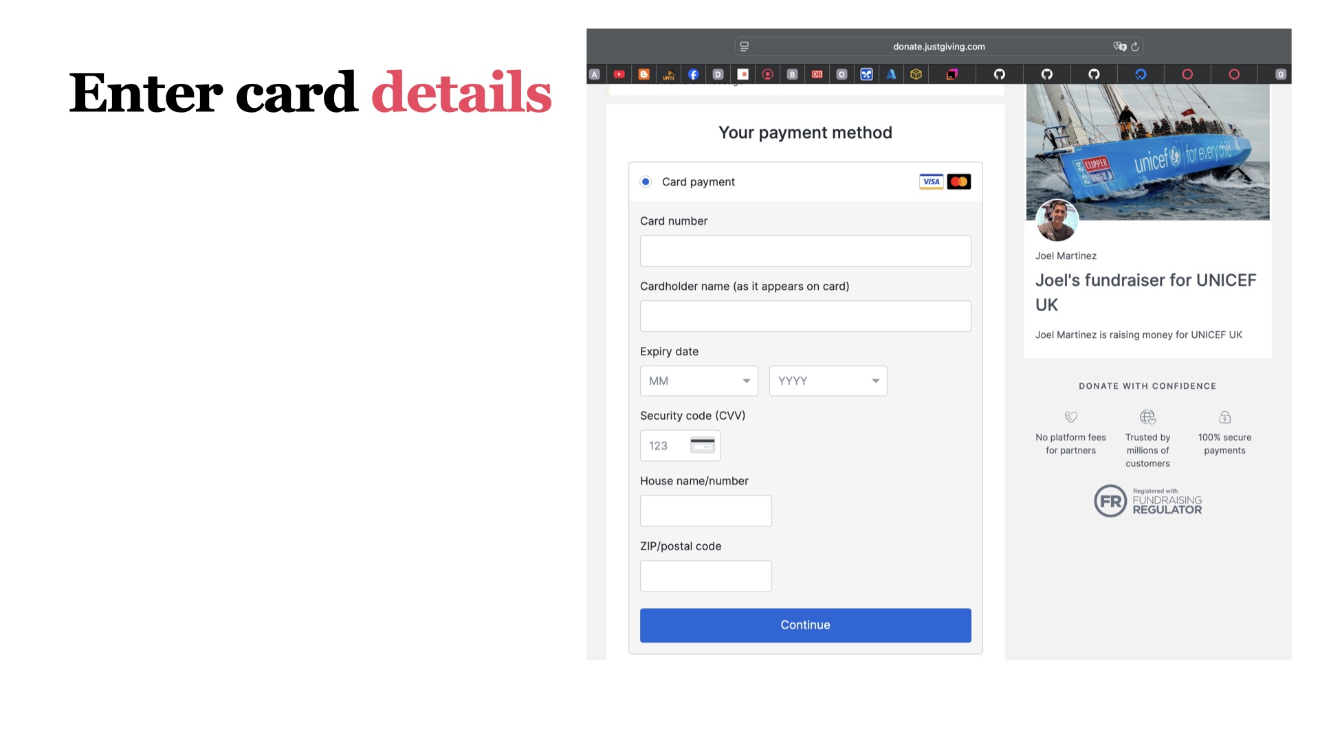 JustGiving tip selection screen