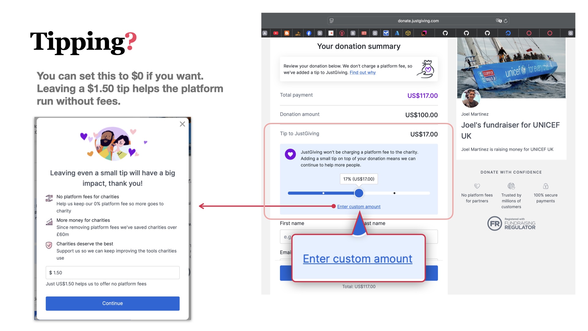 JustGiving tip selection screen