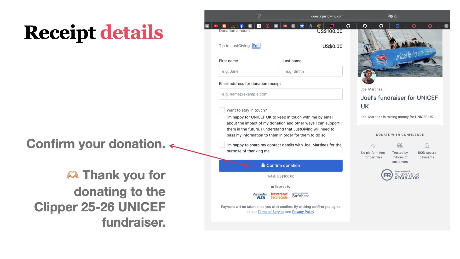 JustGiving payment details form